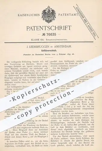 original Patent - J. Leembruggen , Amsterdam , 1893 , Verschluss für Gefäße , Dosen , Büchsen | Glas mit Deckel !!!