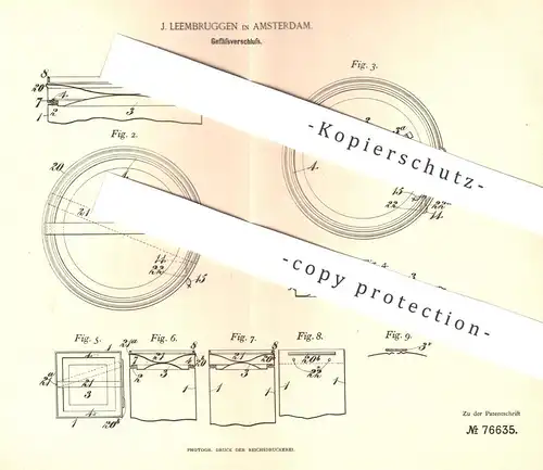 original Patent - J. Leembruggen , Amsterdam , 1893 , Verschluss für Gefäße , Dosen , Büchsen | Glas mit Deckel !!!