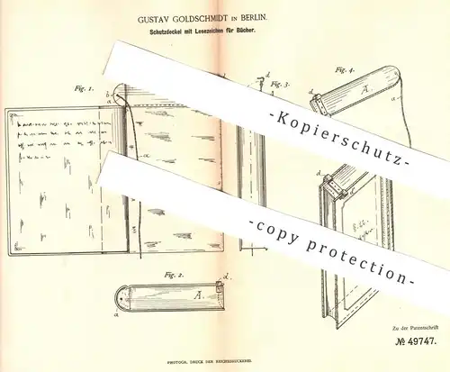 original Patent - Gustav Goldschmidt , Berlin , 1889 , Schutzdeckel mit Lesezeichen für Bücher | Buch , Buchbinder !!