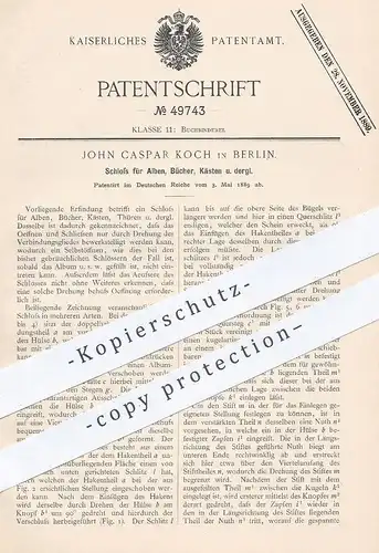 original Patent - John Caspar Koch , Berlin , 1889 , Schloss für Album , Buch , Kasten , Schachtel | Buchbinder !!