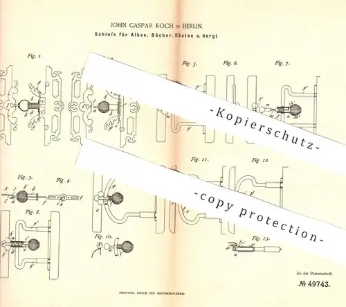 original Patent - John Caspar Koch , Berlin , 1889 , Schloss für Album , Buch , Kasten , Schachtel | Buchbinder !!