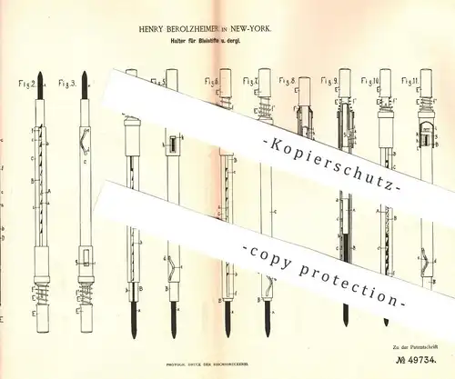 original Patent - Henry Berolzheimer , New York , 1888 , Bleistifthalter , Bleistift | Stift , Federhalter , Füllhalter