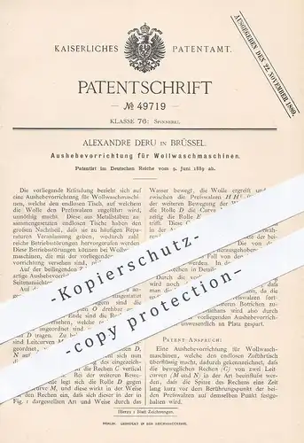 original Patent - Alexandre Deru , Brüssel , 1889 , Aushebevorrichtung für Wollwaschmaschinen | Wolle , Waschmaschine !