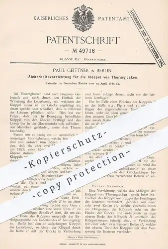original Patent - Paul Geittner , Berlin , 1889 , Schutz für Turmglocken - Klöppel | Kirchenglocke , Glocke , Glocken