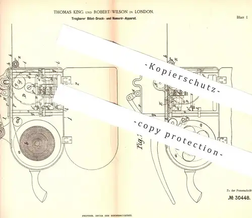 original Patent - Thomas King , Robert Wilson , London , 1884 , Billet - Drucker | Numerieren | Druckerei , Druck !!!