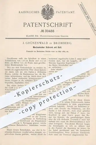 original Patent - J. Grünenwald , Bromberg , 1884 , Mechan. Schrank mit Bett | Schränke , Betten , Möbel , Möbelbauer