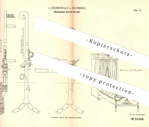 original Patent - J. Grünenwald , Bromberg , 1884 , Mechan. Schrank mit Bett | Schränke , Betten , Möbel , Möbelbauer