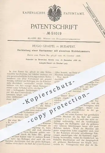 original Patent - Hugo Graepel , Budapest , 1888 , Vorkammer mit einzelnen Sichtekammern | Mühle , Mühlen , Müller !!!