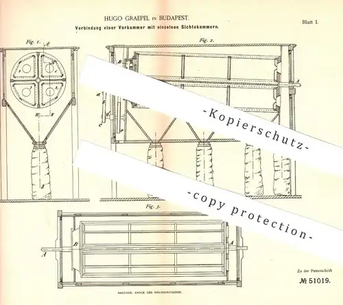 original Patent - Hugo Graepel , Budapest , 1888 , Vorkammer mit einzelnen Sichtekammern | Mühle , Mühlen , Müller !!!