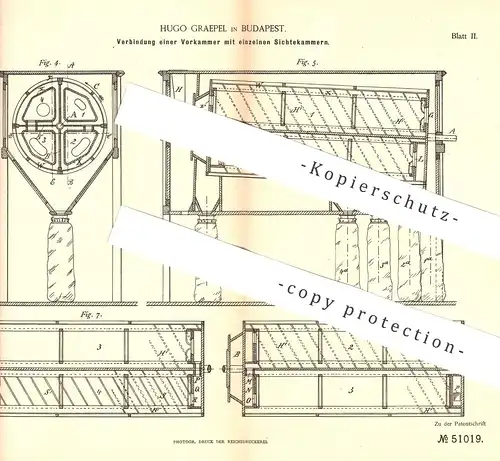 original Patent - Hugo Graepel , Budapest , 1888 , Vorkammer mit einzelnen Sichtekammern | Mühle , Mühlen , Müller !!!