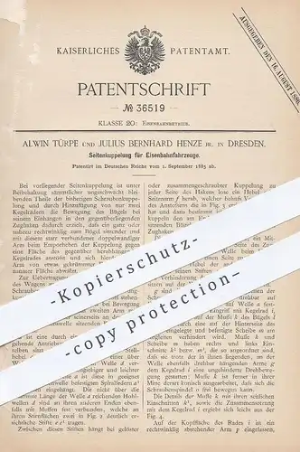 original Patent - Alwin Türpe , Julius Bernhard Henze , Dresden , 1885 , Seitenkupplung für Eisenbahnen | Kupplung