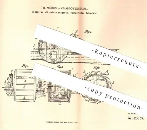 original Patent - Th. Möbus , Berlin / Charlottenburg , 1899 , Baggerrad mit tangential verlaufenden Schaufeln | Bagger