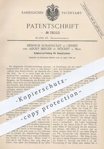 original Patent - H. Schaffstädt , Giessen | Adolf Bergen , Höchst / Main , 1886 , Schmiervorrichtung für Dampfzylinder