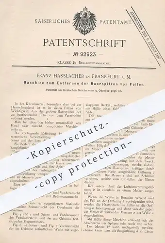 original Patent - Franz Hasslacher , Frankfurt / Main , 1896 , Entfernen der Haarspitzen von Fellen | Fell , Kürschner !