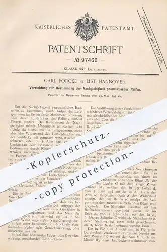 original Patent - Carl Forcke , Hannover / List , 1897 , Bestimmung der Nachgiebigkeit pneumatischer Reifen | Manometer