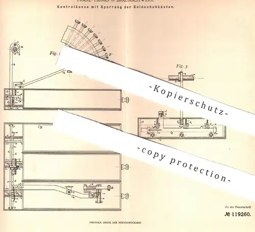 original Patent - Franz Trinks , Braunschweig , 1898 , Kontrollkasse mit Sperrung der Geldschubkästen | Kasse , Kassen