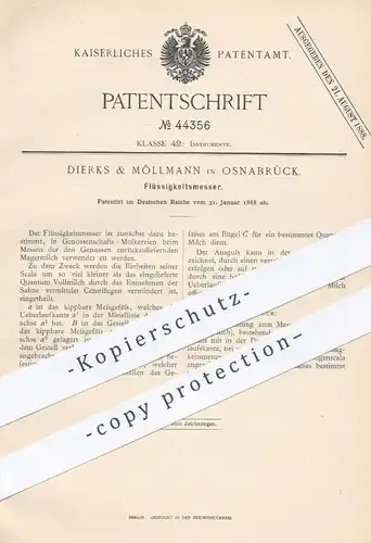 original Patent - Dierks & Möllmann , Osnabrück , 1888 , Flüssigkeitsmesser für Milch | Molkerei | Flüssigkeiten messen