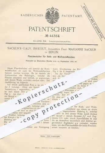 original Patent - Sackur's Galv. Institut , Marianne Sackur , Berlin 1887 , Flaschenhalter für Wein | Halter f. Flaschen