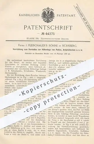 original Patent - J. Fleischauer's Söhne , Nürnberg , 1888 , Verstellen der Höhenlage an Pult , Arbeitstisch , Tisch !!