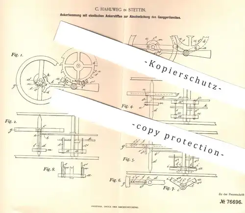 original Patent - C. Hahlweg , Stettin , 1893 ,  Ankerhemmung mit elastischen Ankerstiften | Uhr , Uhren , Uhrmacher !