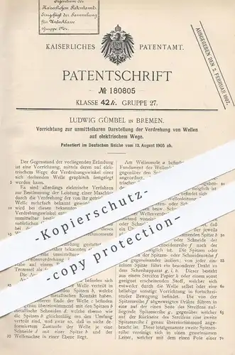 original Patent - Ludwig Gümbel , Bremen , 1905 , Darstellung der Verdrehung von Wellen auf elektrischem Wege