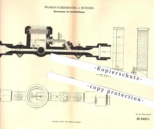 original Patent - Wilhelm Scheidemandel , München , 1887 , Wassermesser für Anschlussleitungen | Wasserverbrauch messen