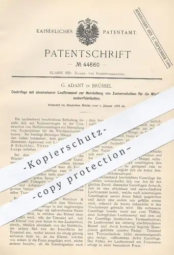 original Patent - G. Adant , Brüssel , 1888 , Zentrifuge zur Herstellung von Zucker , Würfelzucker | Zuckerfabrik