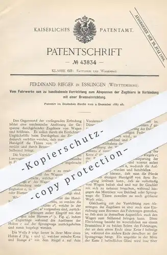 original Patent - Ferdinand Rieger , Esslingen , 1887 , Abspannen der Zugtiere | Fuhrwerk , Kutsche , Kutschwagen !!