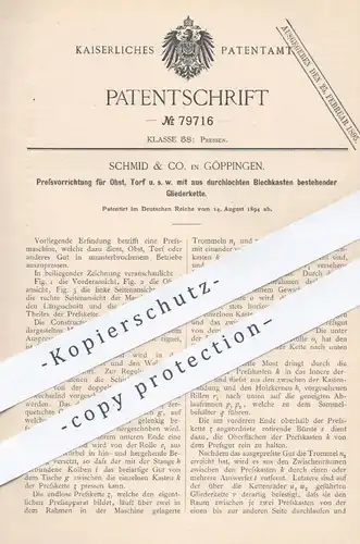 original Patent - Schmid & Co. , Göppingen , 1894 , Presse für Obst , Torf , Gemüse | Pressen , Pressmaschine , Landwirt