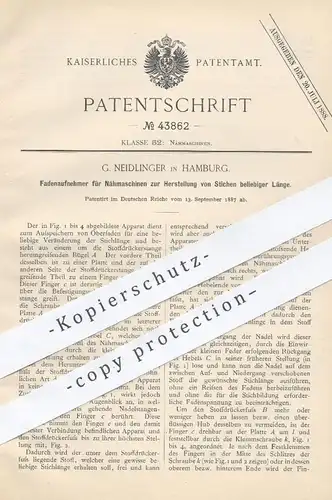 original Patent - G. Neidlinger , Hamburg , 1887 , Fadenaufnehmer für Nähmaschinen | Nähmaschine , Schneider , Nähen !!