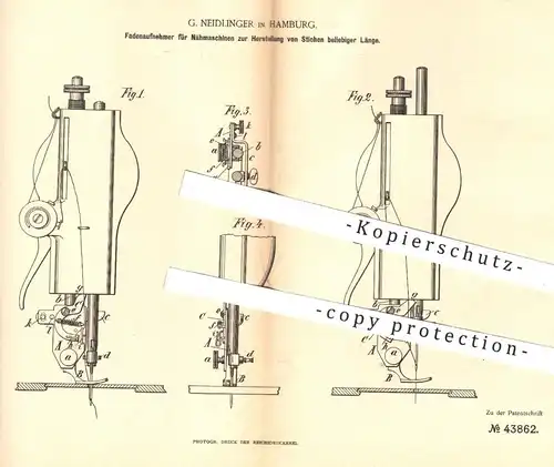 original Patent - G. Neidlinger , Hamburg , 1887 , Fadenaufnehmer für Nähmaschinen | Nähmaschine , Schneider , Nähen !!