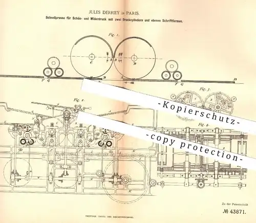 original Patent - Jules Derriey , Paris 1887 , Druckpresse mit Druckzylinder u. ebenen Schriftformen | Druck , Buchdruck