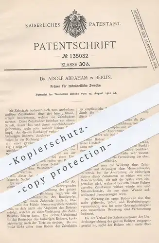 original Patent - Dr. Adolf Abraham , Berlin 1901 , Fräser für Zahnarzt | Fräse , Bohrer , Zahn , Zähne , Arzt , Medizin