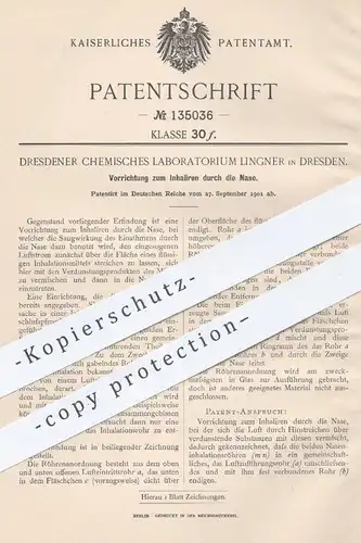 original Patent - Chem. Laboratorium Lingner , Dresden , 1901 , Inhalieren durch die Nase | Inhalator , Arzt , Medizin !