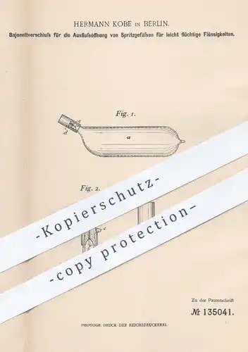 original Patent - Hermann Kobe , Berlin , 1901 , Bajonettverschluss für Flüssigkeits- Gefäße | Bajonett - Verschluss !!