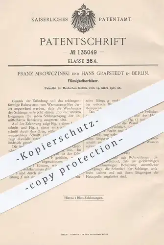 original Patent - Franz Mroswczinski u. Hans Grafstedt , Berlin , 1901 , Flüssigkeitserhitzer | Kocher , Erhitzer , Herd