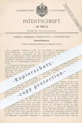 original Patent - Anders Andersen Pindstofte , Kopenhagen , 1893 , Flaschenfüllapparat | Flasche , Flaschen , Glas !!