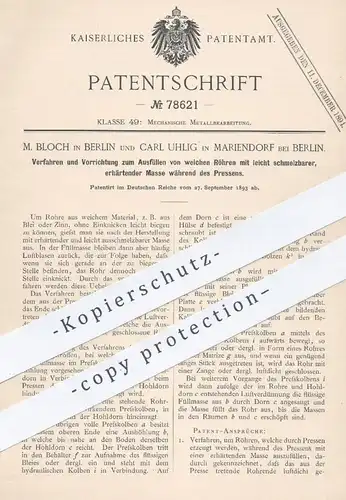 original Patent - M. Bloch & Carl Uhlig , Berlin / Mariendorf 1893 , Biegen von Röhren aus Blei , Zinn mittels Füllmasse