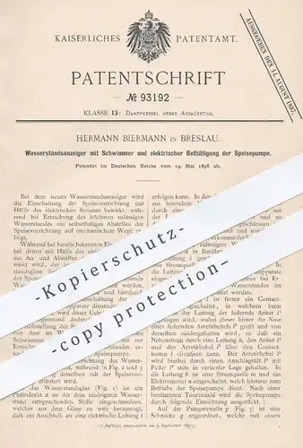 original Patent - Hermann Biermann , Breslau , 1896 , Wasserstandsanzeiger mit Schwimmer | Pumpe , Dampfkessel !!