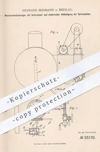 original Patent - Hermann Biermann , Breslau , 1896 , Wasserstandsanzeiger mit Schwimmer | Pumpe , Dampfkessel !!