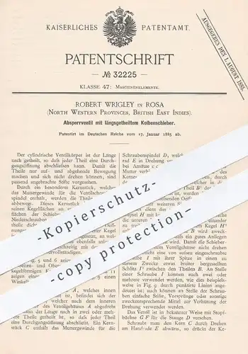 original Patent - Robert Wrigley , Rosa , North Western Provinces , British East Indies 1885 , Ventil mit Kolbenschieber