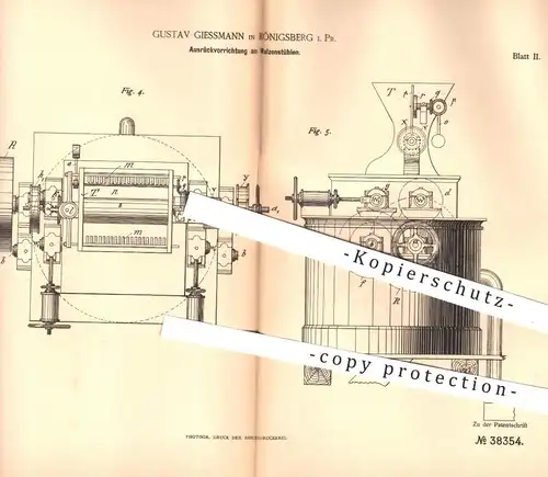 original Patent - Gustav Giessmann , Königsberg , Preussen , 1886 , Ausrückvorrichtung an Walzenstühlen | Walze , Mühle