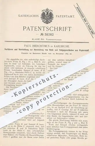 original Patent - Paul Hieronymus , Karlsruhe , 1885 , Hohl- & Vollgegenstände aus Papierstoff | Papier , Pappe , Karton