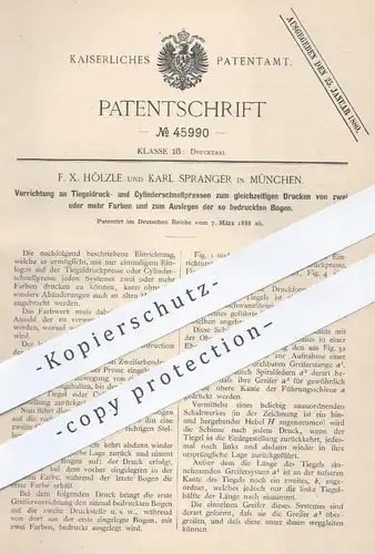 original Patent - F. X. Hölzle , Karl Spranger , München , 1888 , Tiegeldruck- , Zylinderschnellpresse | Druck - Presse