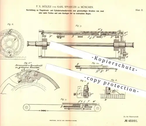 original Patent - F. X. Hölzle , Karl Spranger , München , 1888 , Tiegeldruck- , Zylinderschnellpresse | Druck - Presse