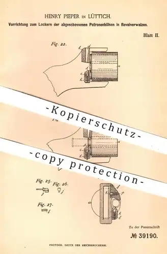 original Patent - Henry Pieper , Lüttich , 1886 , Lockern der Patronen - Hülsen im Revolver | Waffe , Pistole , Gewehr !