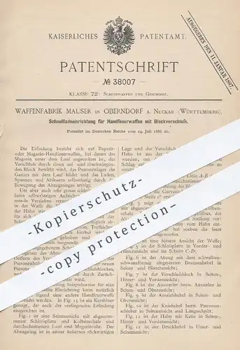 original Patent - Waffenfabrik Mauser , Oberndorf , 1886 , Schnellladeeinrichtung für Handfeuerwaffe | Gewehr , Revolver
