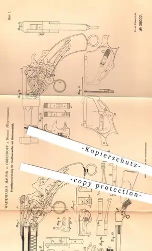 original Patent - Waffenfabrik Mauser , Oberndorf , 1886 , Schnellladeeinrichtung für Handfeuerwaffe | Gewehr , Revolver