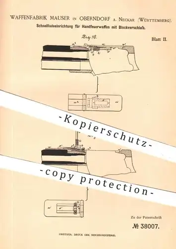 original Patent - Waffenfabrik Mauser , Oberndorf , 1886 , Schnellladeeinrichtung für Handfeuerwaffe | Gewehr , Revolver