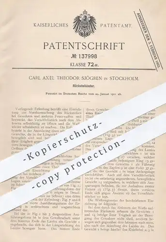 original Patent - Carl Axel Theodor Sjögren , Stockholm , 1901 , Rückstoßlader | Gewehr , Revolver , Waffe , Pistole !!